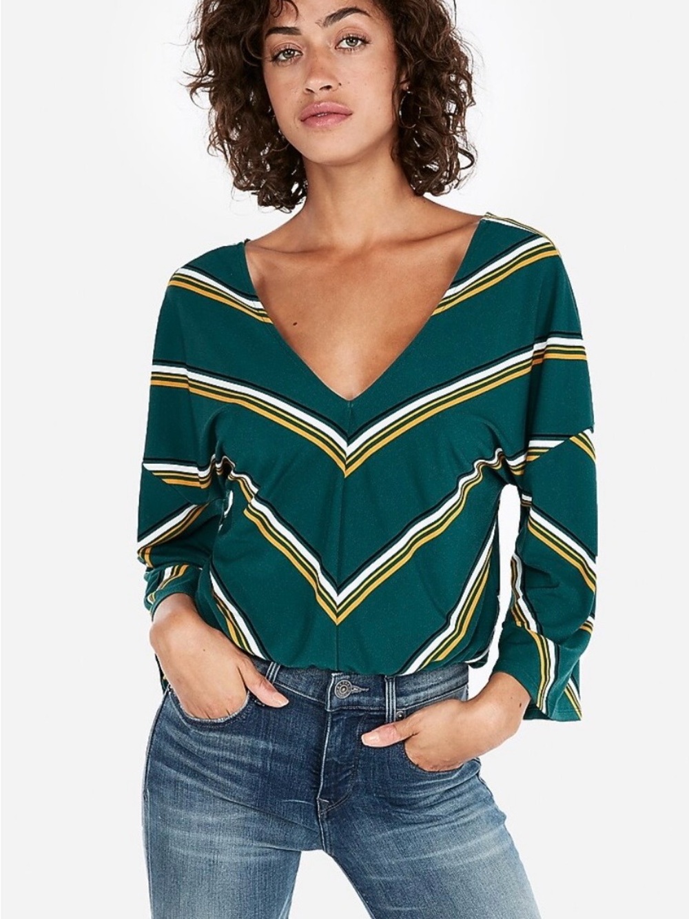 Express Green V-Neck Chevron Stripe Blouse Size M